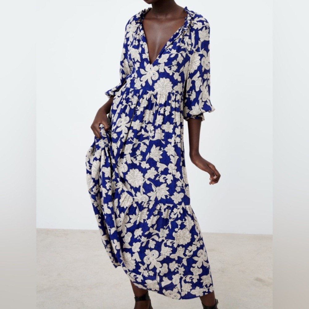 Floral Blue and Cream Maxi Dress